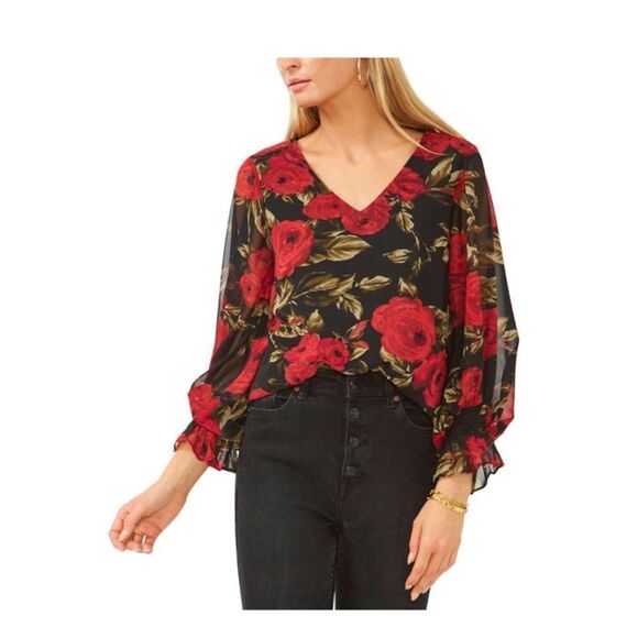 VINCE CAMUTO Womens Black Smocked Sheer Floral Long Sleeve V Neck. Medium - Picture 1 of 1